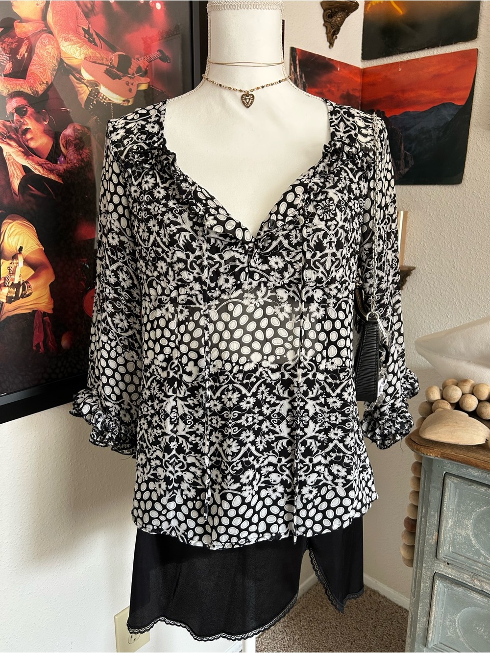 Whimsigoth Dark Romantic Sheer Blouse Size Med Black Ruffles Peasant Cottagecore